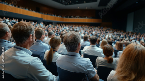 Rear view of audience attentively listening to speaker at business conference