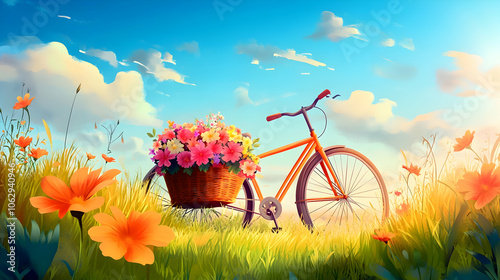 A bicycle with a basket of flowers stands in a field of wildflowers under a blue sky.