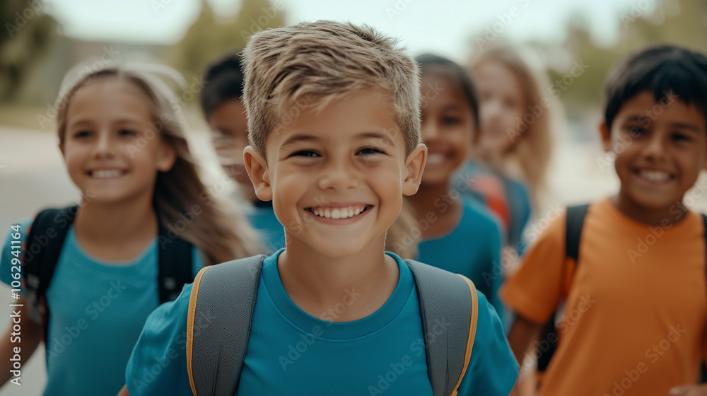 Happy group of children walking together in friendship, first day of school Happy group of children walking together in friendship, first day of school