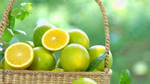 Green Orange fruit in wooden basket on wooden table in garden, Fresh Chinese Citrus Sinensis Orange with slices on blurred greenery background.