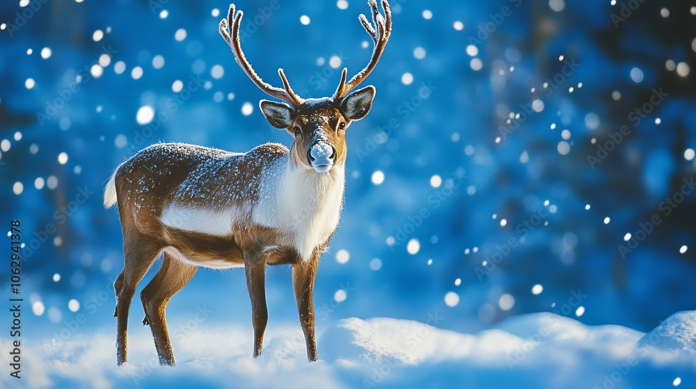 A red-nosed reindeer stands out against a blue backdrop. Animated in nature. A red-nosed reindeer stands out against a blue backdrop. Animated in nature.