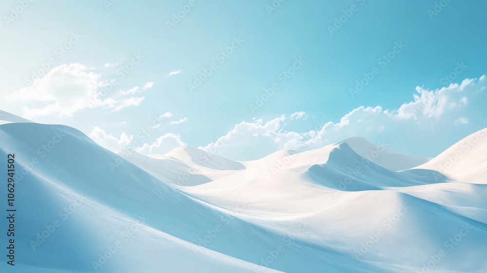 White Sand Dunes Under Clear Blue Sky with Soft Shadows, Capturing Minimalist Desert Landscape and Tranquil Atmosphere