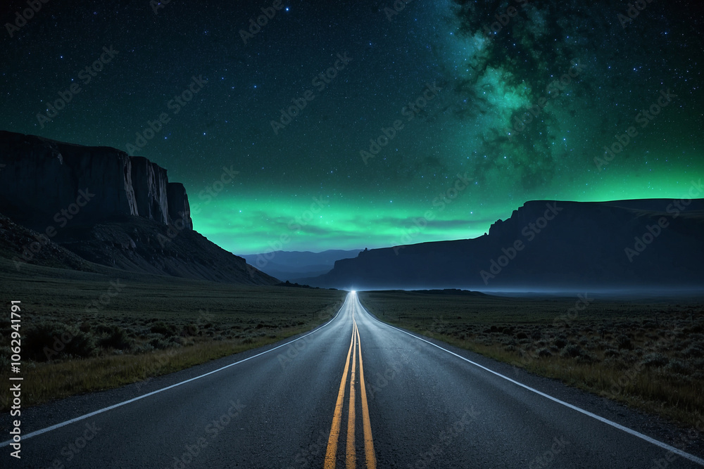 Fototapeta premium Empty road ending at a precipice, emerald planet above; cosmic fog and starlight cast an ethereal glow
