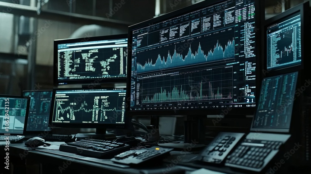 Financial Data Analysis Monitors in Dark Office Financial Data Analysis Monitors in Dark Office