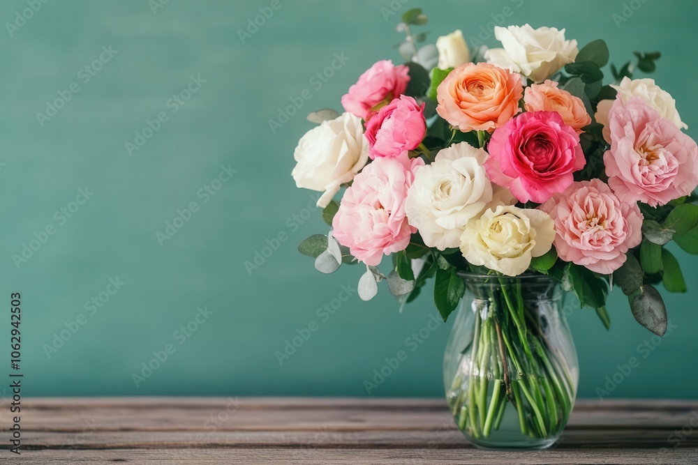 A vibrant bouquet of colorful roses in a glass vase sits against a muted green background, highlighting the blooms’ beauty and freshness. A vibrant bouquet of colorful roses in a glass vase sits against a muted green background, highlighting the blooms’ beauty and freshness.