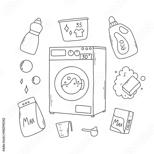 Set of laundry items in doodle style. Linear collection of laundry items. Vector illustration.