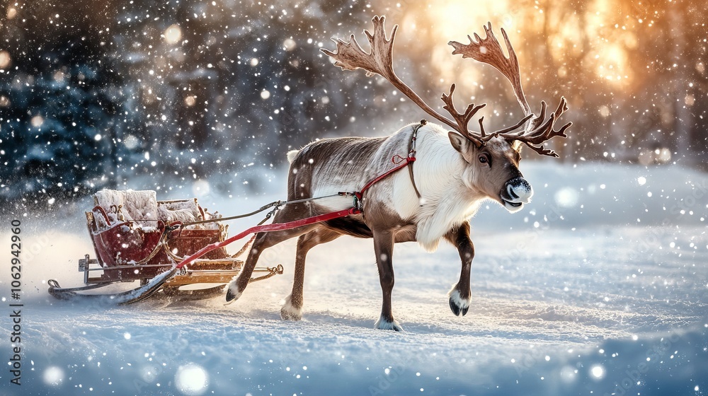 A reindeer with huge antlers gallops through the snowy landscapes of Northern Norway, pulling a sleigh behind it. A reindeer with huge antlers gallops through the snowy landscapes of Northern Norway, pulling a sleigh behind it.