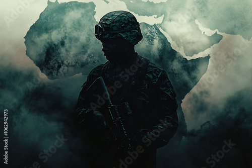 Silhouette of a soldier holding a gun with a dark smoky background featuring the Africa continent symbolizing protection and conflict
