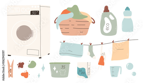 Set of elements for washing. Laundry collection. Vector illustration.