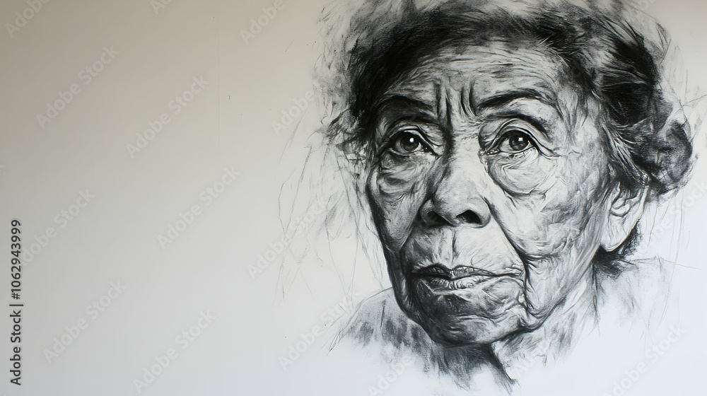 Close-up black and white portrait of an elderly woman with wrinkled face and deep-set eyes looking to the side. Close-up black and white portrait of an elderly woman with wrinkled face and deep-set eyes looking to the side.
