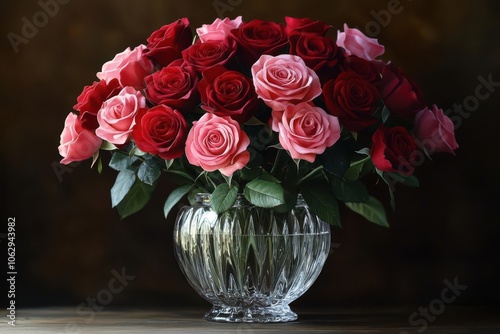 A vibrant bouquet of red and pink roses arranged elegantly in a crystal vase, displaying beauty and freshness.