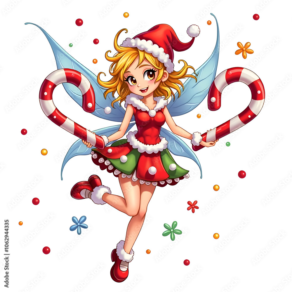Celebrate the joy of the holidays with a cheerful candy cane fairy in festive splendor, digital art of character design concept. Celebrate the joy of the holidays with a cheerful candy cane fairy in festive splendor, digital art of character design concept.