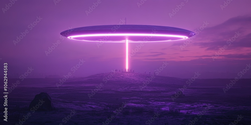 Purple landscape with UFO and glowing beam.