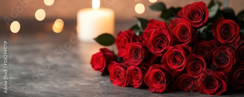 A bouquet of red roses with a soft-lit candle in the background, creating a romantic and serene atmosphere. photo