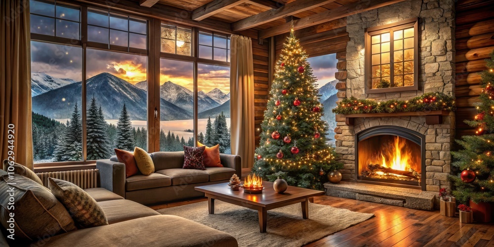 Cozy Cabin Living Room with Christmas Tree and Fireplace Overlooking Snowy Mountains Cozy Cabin Living Room with Christmas Tree and Fireplace Overlooking Snowy Mountains