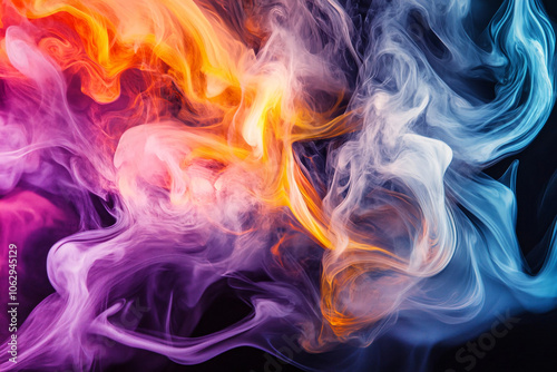 Abstract Colorful Smoke: Vivid swirls of purple, orange, and white smoke dance against a black backdrop, creating a mesmerizing abstract art piece.