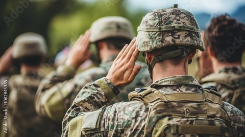 Military Soldiers Saluting in Camouflage Uniforms Outdoors photo