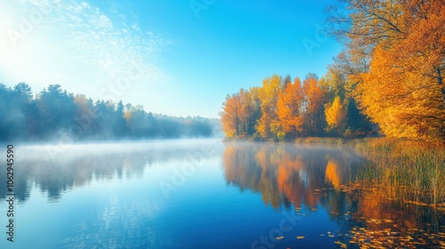 A tranquil morning scene at a lake, with mist rising above