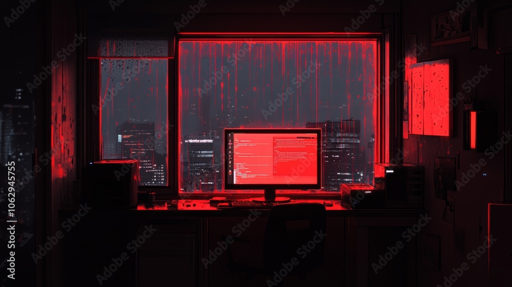 Red Neon Glow Computer Desk City Night View Red Neon Glow Computer Desk City Night View