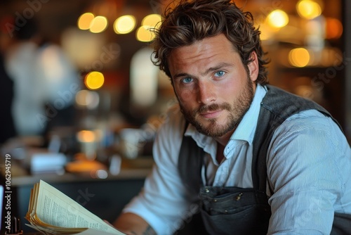 Confident man with menu in trendy restaurant ambiance