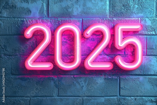 Neon the word "2025" with dynamic holiday elements, youthful and vibrant design