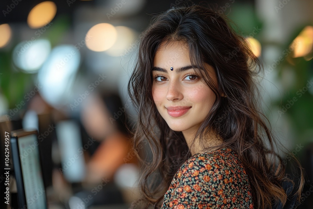 Confident woman smiling in beautiful office setting with natural light and warm tones