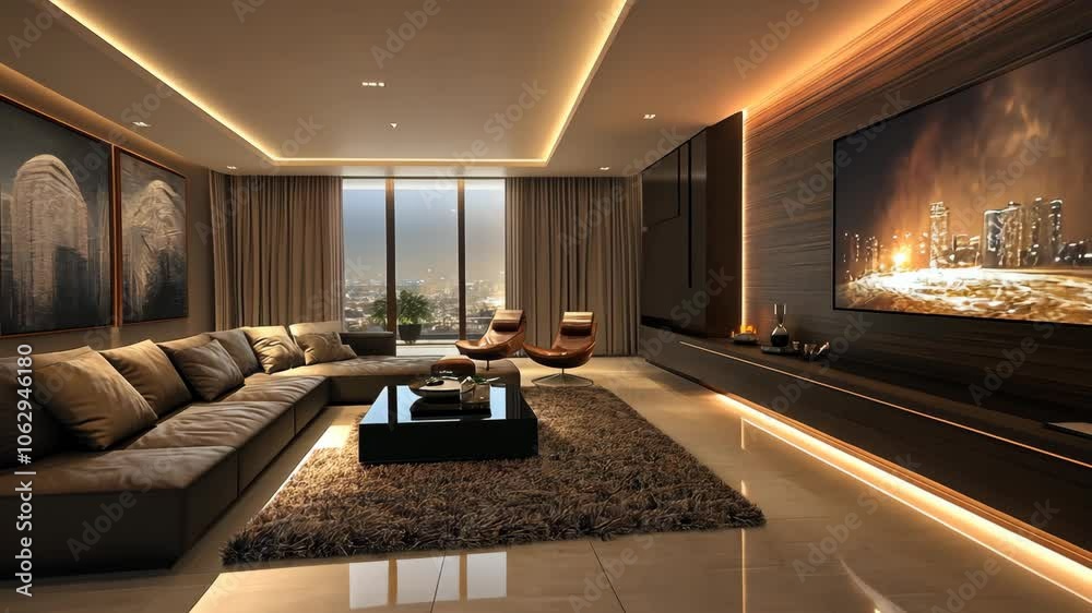 A large sectional sofa sits in the center of the room, facing a large flat-screen TV mounted on the wall