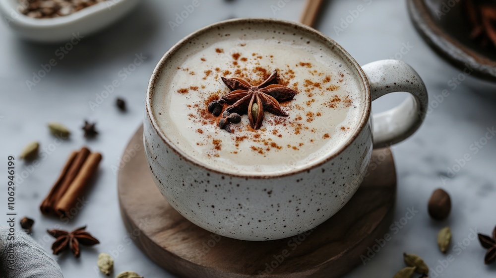 A frothy plant-based chai tea latte made with oat milk, spiced with cinnamon, cardamom, and cloves, offering a warming and aromatic vegan beverage perfect for fall menus or cozy cafes A frothy plant-based chai tea latte made with oat milk, spiced with cinnamon, cardamom, and cloves, offering a warming and aromatic vegan beverage perfect for fall menus or cozy cafes