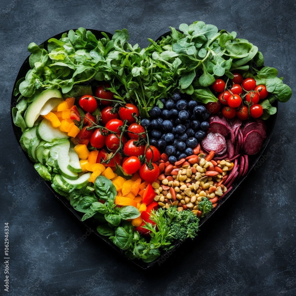 Heart Shaped Vegan Salad Bowl with Fresh Vegetables Fruits and Nuts Heart Shaped Vegan Salad Bowl with Fresh Vegetables Fruits and Nuts