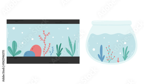 Set of aquariums. Vector illustration. Collection of aquariums for fish isolated on a white background.