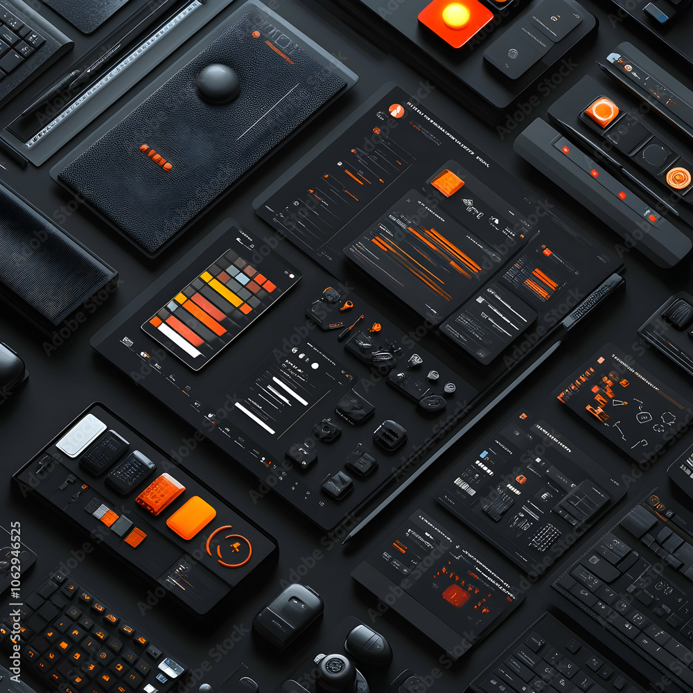 Flat lay of modern user interface design elements in dark mode with orange accents. Flat lay of modern user interface design elements in dark mode with orange accents.