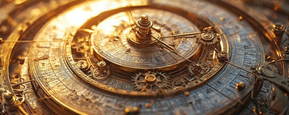 Fototapeta premium Close-up of an intricately designed bronze astrolabe under warm light.