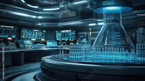 Futuristic laboratory with advanced technology and glassware.