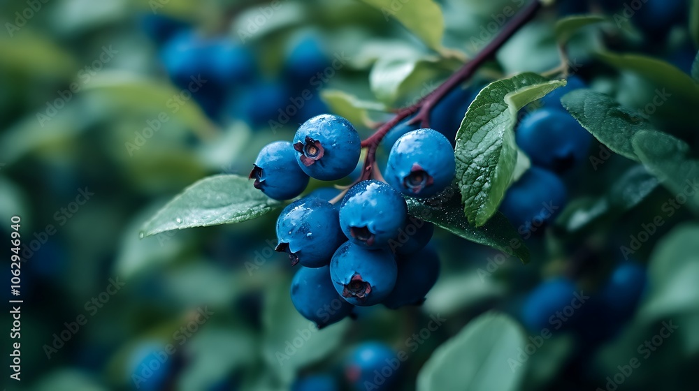 A close-up of a cluster of blueberries on a branch, surrounded by green leaves. A close-up of a cluster of blueberries on a branch, surrounded by green leaves.