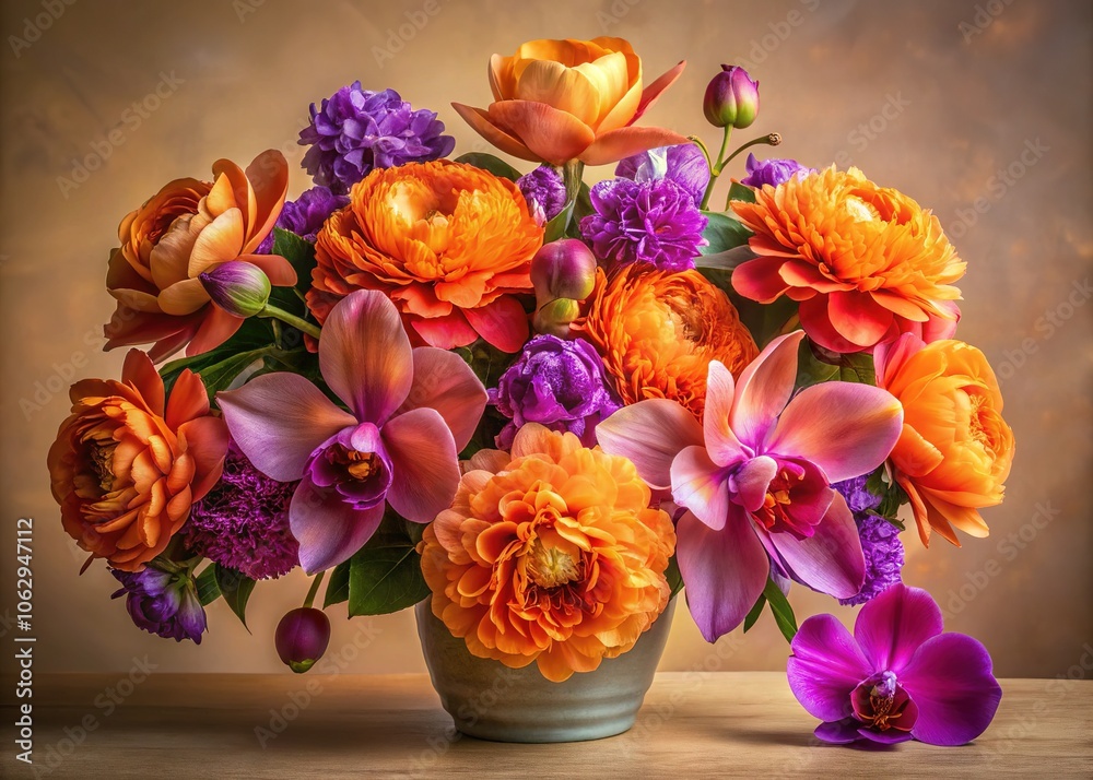 An eye-catching bouquet of orange peonies and purple orchids sits against a soft beige backdrop, exuding vibrancy and charm, perfect for brightening any space. An eye-catching bouquet of orange peonies and purple orchids sits against a soft beige backdrop, exuding vibrancy and charm, perfect for brightening any space.