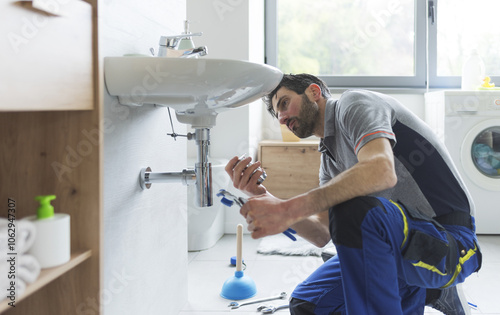 Plumber working on a bathroom sink