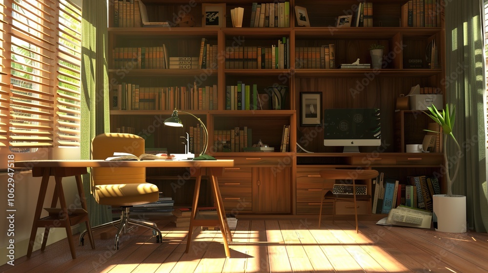 Cozy home office, Bookshelf with books, wooden writing desk adorned with family photographs and plants Cozy home office, Bookshelf with books, wooden writing desk adorned with family photographs and plants