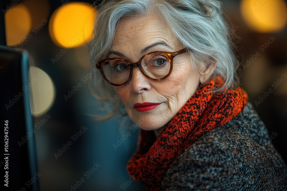 Stylish senior woman with glasses and scarf in urban setting Stylish senior woman with glasses and scarf in urban setting
