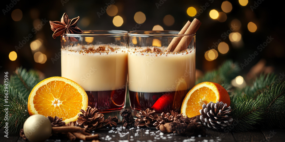 Festive Eggnog and Mulled Wine with Orange Slices and Christmas Decorations Festive Eggnog and Mulled Wine with Orange Slices and Christmas Decorations
