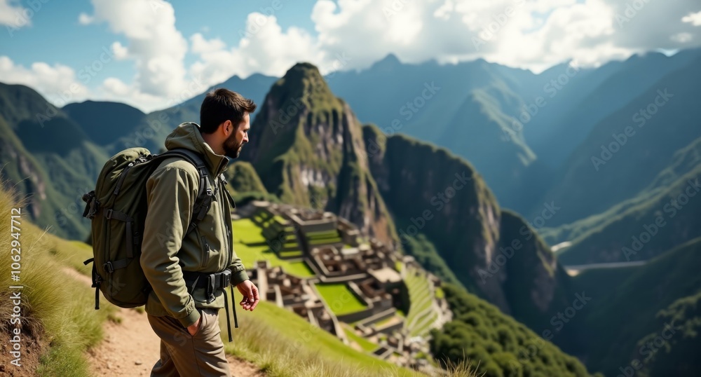 Male trekker hiking by Machu Picchu, Peru in nature-inspired camouflage. Muted olive and khaki tones enhance the surroundings. Shot with Hasselblad X1D in 8k high resolution. Male trekker hiking by Machu Picchu, Peru in nature-inspired camouflage. Muted olive and khaki tones enhance the surroundings. Shot with Hasselblad X1D in 8k high resolution.