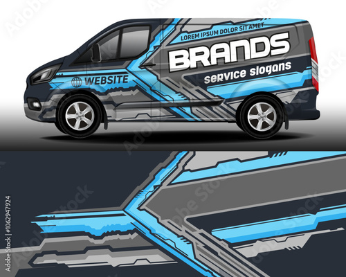 Delivery van vector design. Car sticker. Car design development for the company. Gray background with blue stripes for car vinyl sticker.
