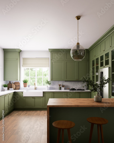 A modern green kitchen that beautifully incorporates natural elements along with warm wood accents