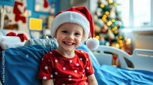 Smiling child wearing santa hat sitting on bed in hospital room decorated for christmas