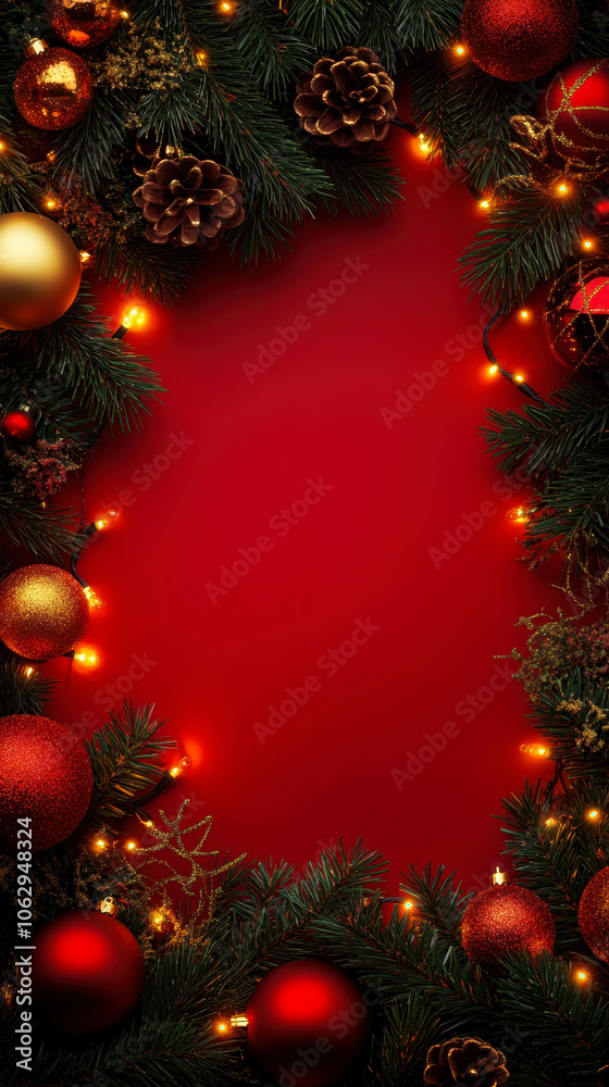 Festive Christmas Border with Pine Branches, Red and Gold Baubles, and Lights on Red Background Festive Christmas Border with Pine Branches, Red and Gold Baubles, and Lights on Red Background
