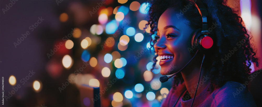 Gamer enjoying christmas holidays playing video games online wearing headphones and smiling