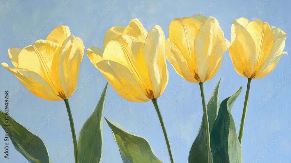 Yellow Tulips Against a Soft Blue Background Yellow Tulips Against a Soft Blue Background