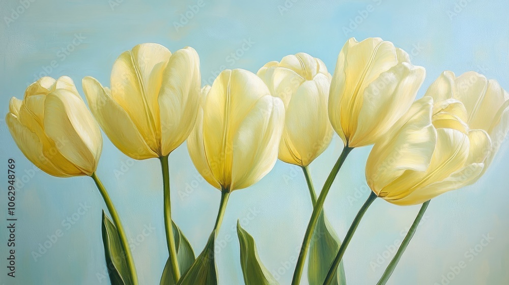 Obraz premium Elegant Yellow Tulips Against Soft Blue Background