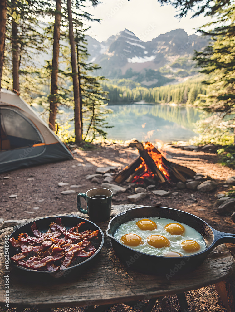 Camping breakfast in the woods on a lake with eggs, bacon, cup of coffee, bonfire and a tent. Nature mood concept. Camping breakfast in the woods on a lake with eggs, bacon, cup of coffee, bonfire and a tent. Nature mood concept.