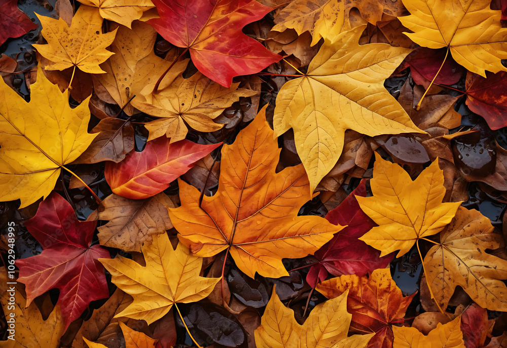 Vibrant Autumn Leaves Close-Up with Fiery Reds, Golden Yellows, and Dewy Water Droplets in a Realistic, Abstract Fall Aesthetic Vibrant Autumn Leaves Close-Up with Fiery Reds, Golden Yellows, and Dewy Water Droplets in a Realistic, Abstract Fall Aesthetic