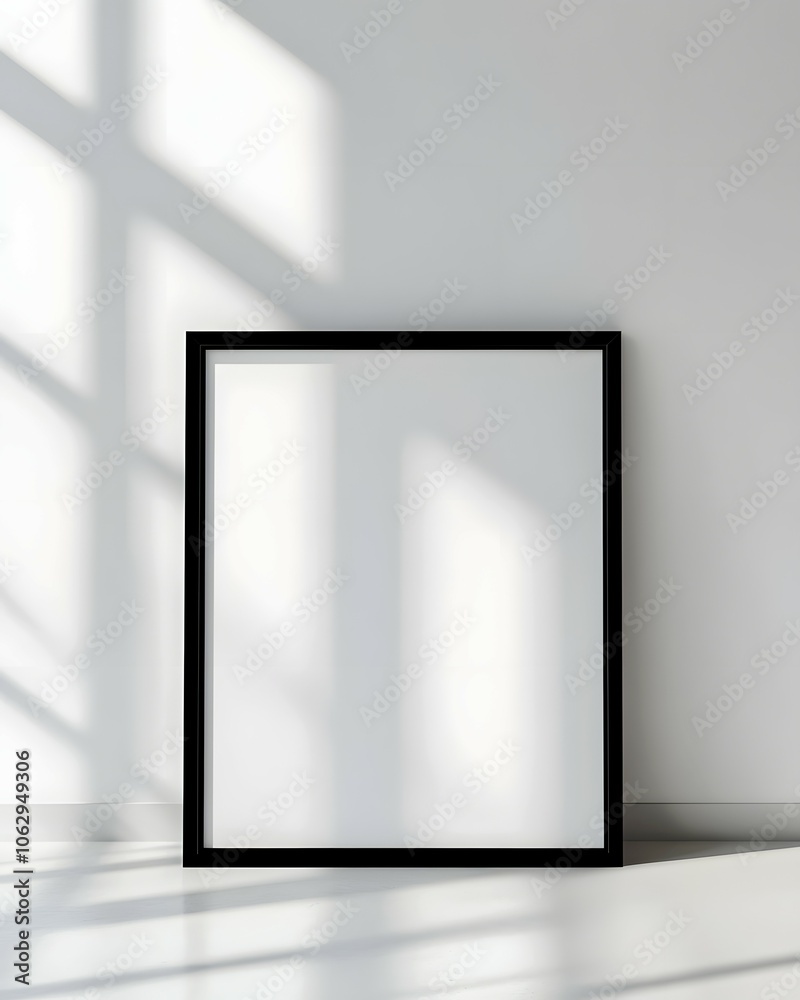 A black framed poster mockup on a white wall with shadows. A black framed poster mockup on a white wall with shadows.